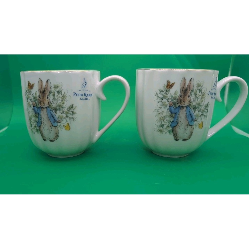 BEATRIX POTTER World of Peter Rabbit  2-14oz Mugs Vibrant White Spring Flower